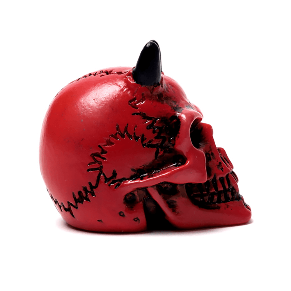 Crimson Demon Skull Miniature with horns, intricately detailed resin figure for collectors and gifts.