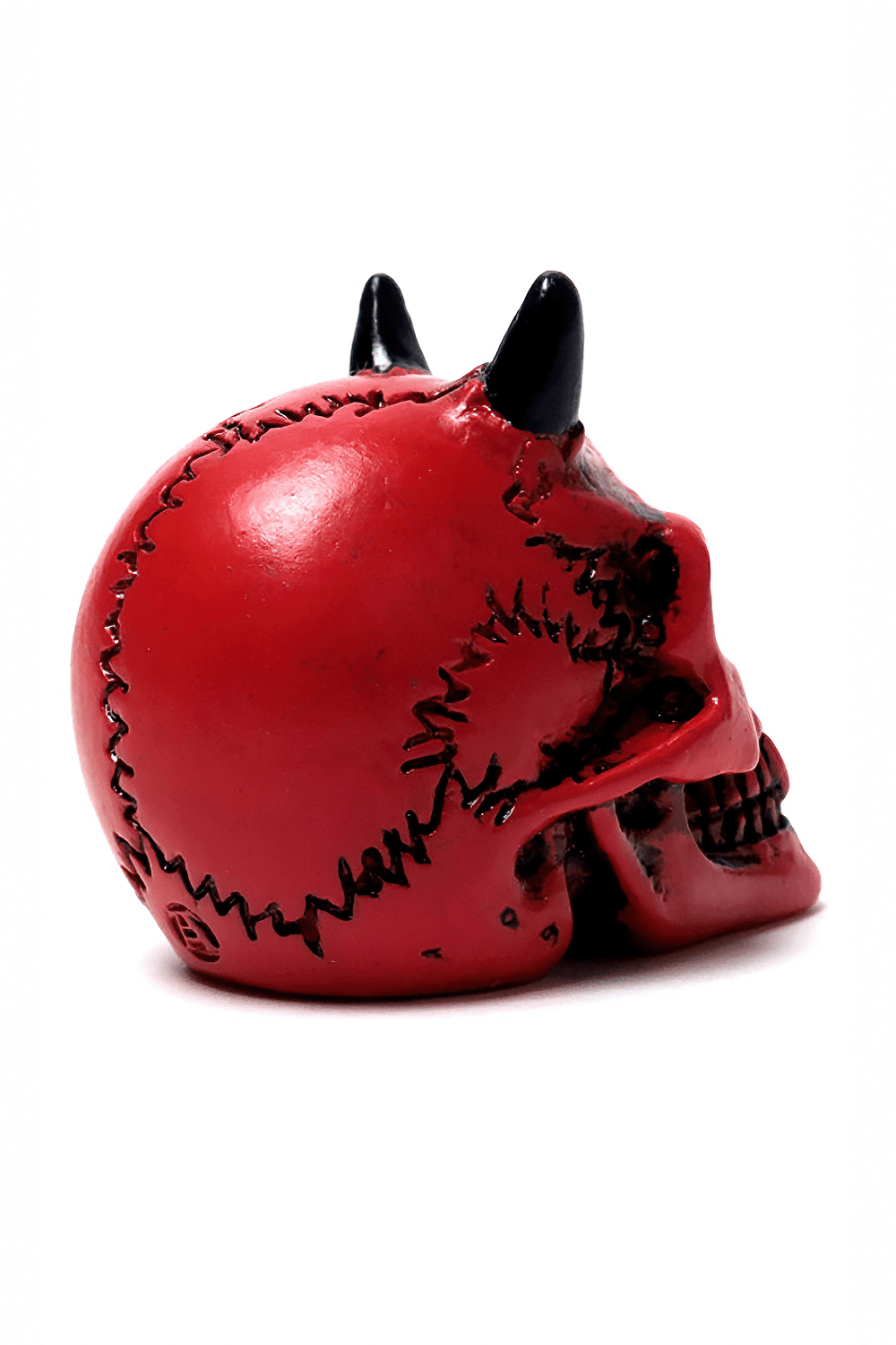 Crimson Demon Skull miniature with horns, handcrafted polyresin, detailed design for collectors and gifts.