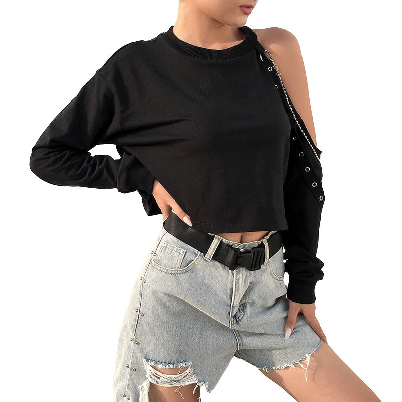 Cropped Women Chain Cold Shoulder Top / Crop Tops in Black Colour Gothic Clothing - HARD'N'HEAVY