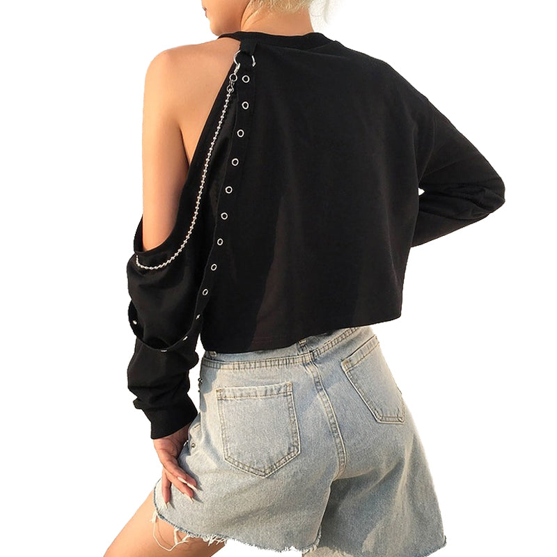 Cropped Women Chain Cold Shoulder Top / Crop Tops in Black Colour Gothic Clothing - HARD'N'HEAVY