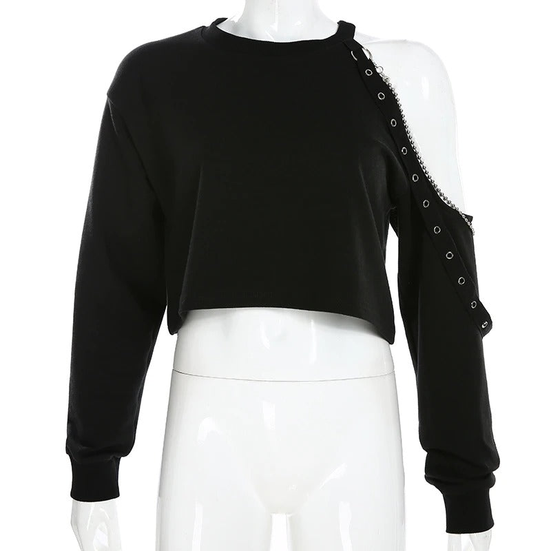Cropped Women Chain Cold Shoulder Top / Crop Tops in Black Colour Gothic Clothing - HARD'N'HEAVY