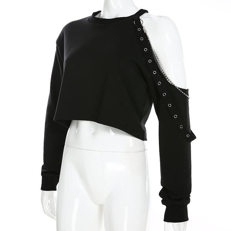 Cropped Women Chain Cold Shoulder Top / Crop Tops in Black Colour Gothic Clothing - HARD'N'HEAVY