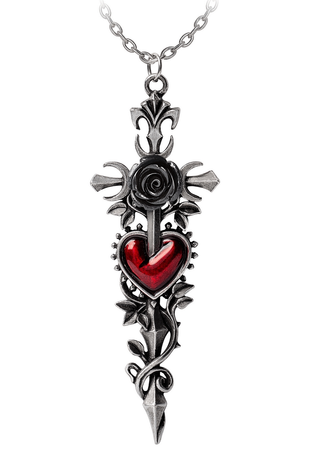 Cross of the Dark Kiss Pendant with red enamel heart and black rose, intricately designed gothic necklace.
