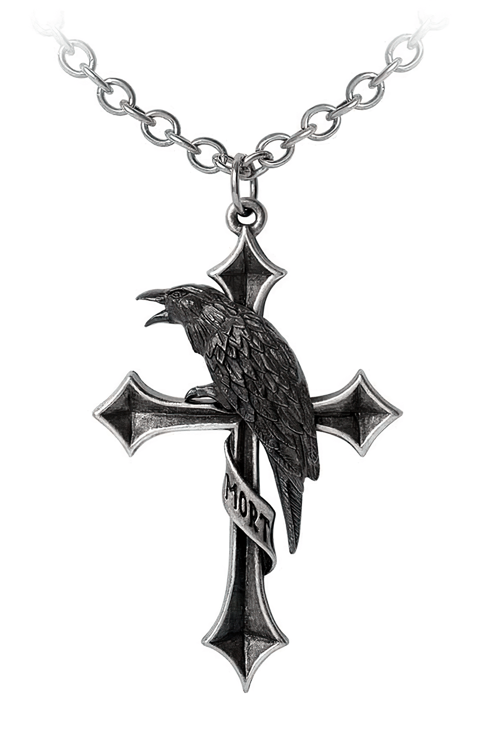Cross of the Raven pendant with antique silver chain, featuring a raven design for a gothic look.