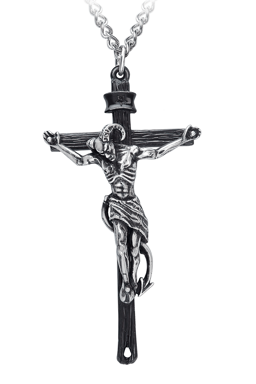 Crucifix pendant necklace with devil's pact design, embodying dark gothic aesthetics and Faustus legend.