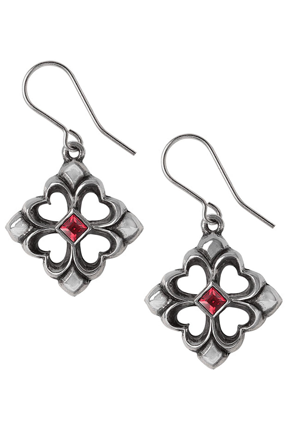 Crux Appassionato Gothic Red Crystal Drop Earrings in gray pewter with Siam-red Swarovski crystals for a medieval look.