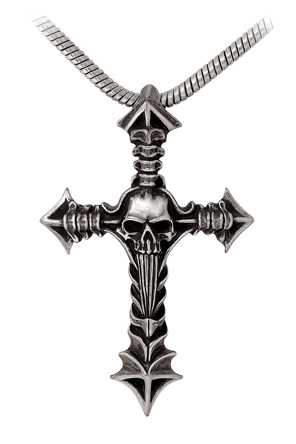Cruxinomica pendant with skull and vertebrae detail, gothic jewelry with a dark twist on a holy cross.