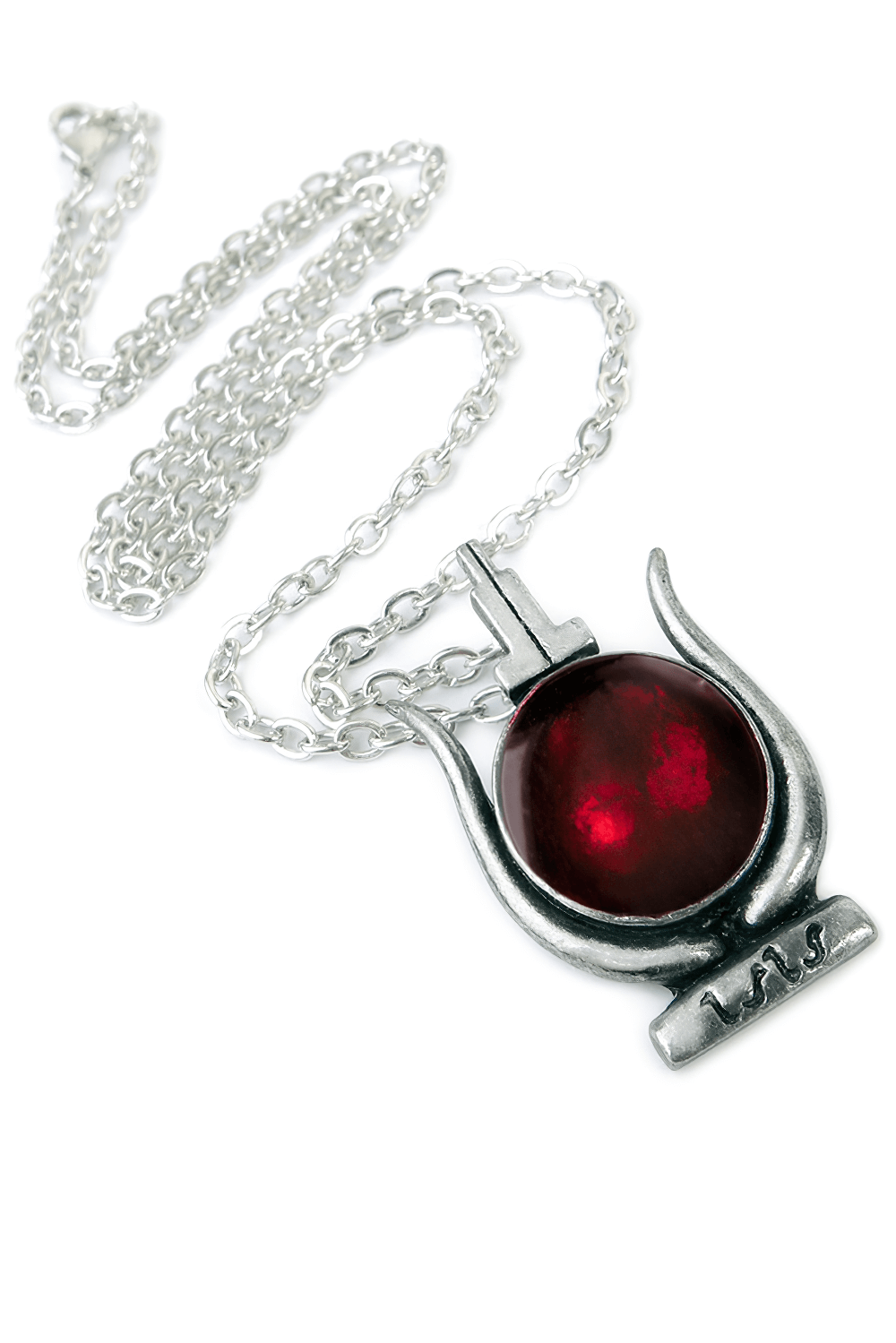 Cult of Aset pendant featuring a red enamel solar disc on a silver chain, symbolizing ancient Egyptian goddess power.