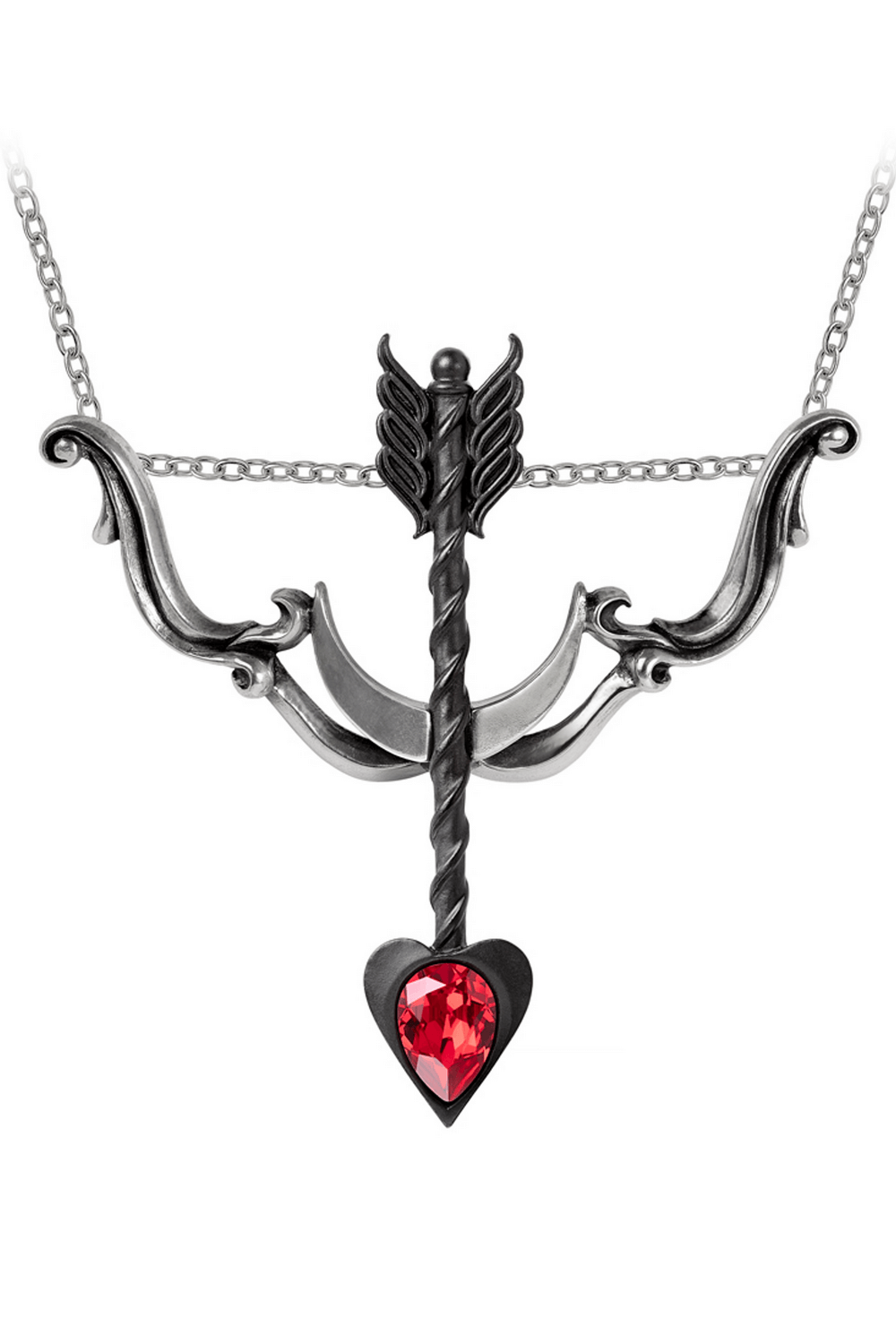 Cupid’s Arrow Necklace featuring red crystal heart and elegant wings, symbolizing romantic love and desire.