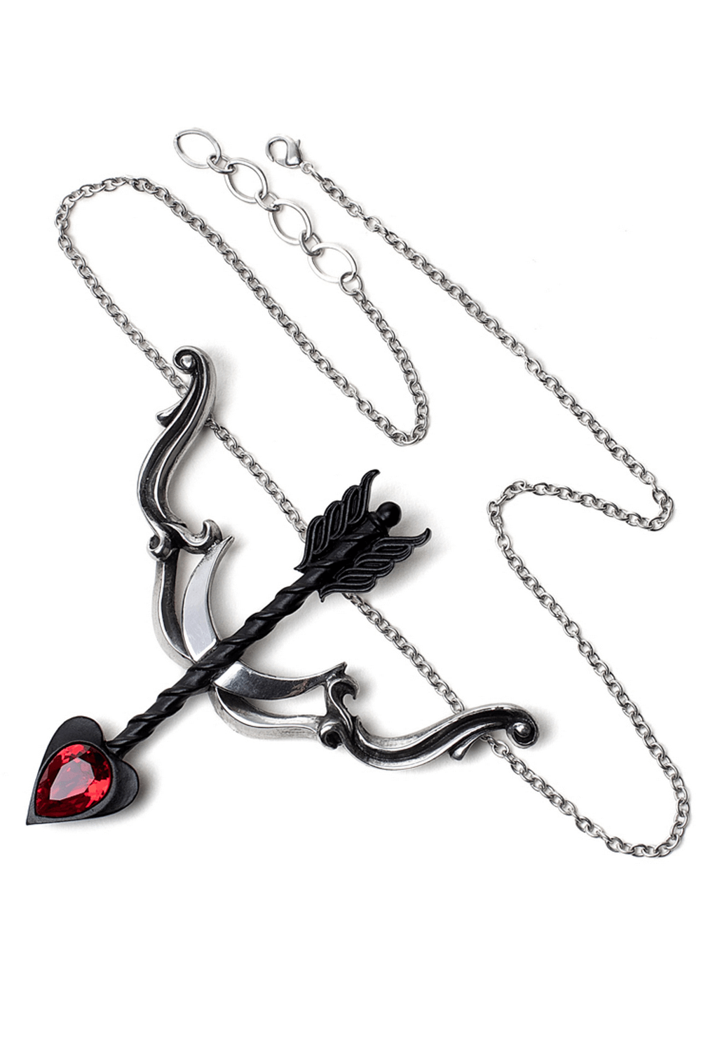 Cupid's Arrow Necklace with red crystal heart and decorative wings, symbolizing love and desire.