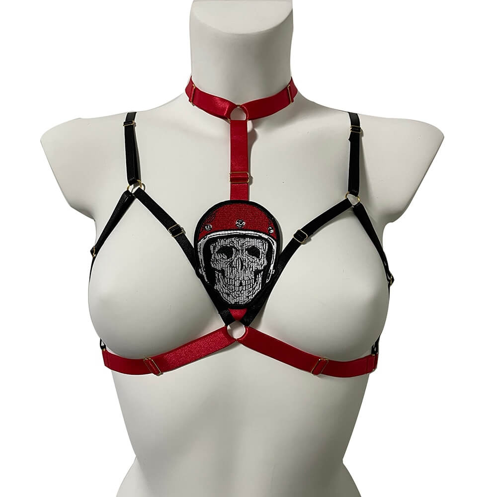Cupless Elastic Body Harness for Women / Erotic Bondage Garter Belt with Skull - HARD'N'HEAVY