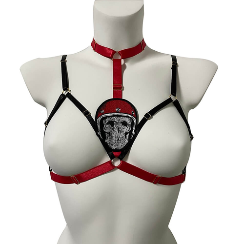 Körbchenloser elastischer Körperharnisch für Frauen / Erotischer Bondage-Strumpfgürtel mit Totenkopf