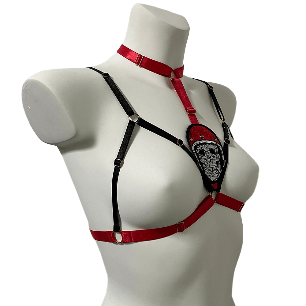 Stylish women's cupless body harness with skull detail, blending gothic and erotic fashion perfectly.