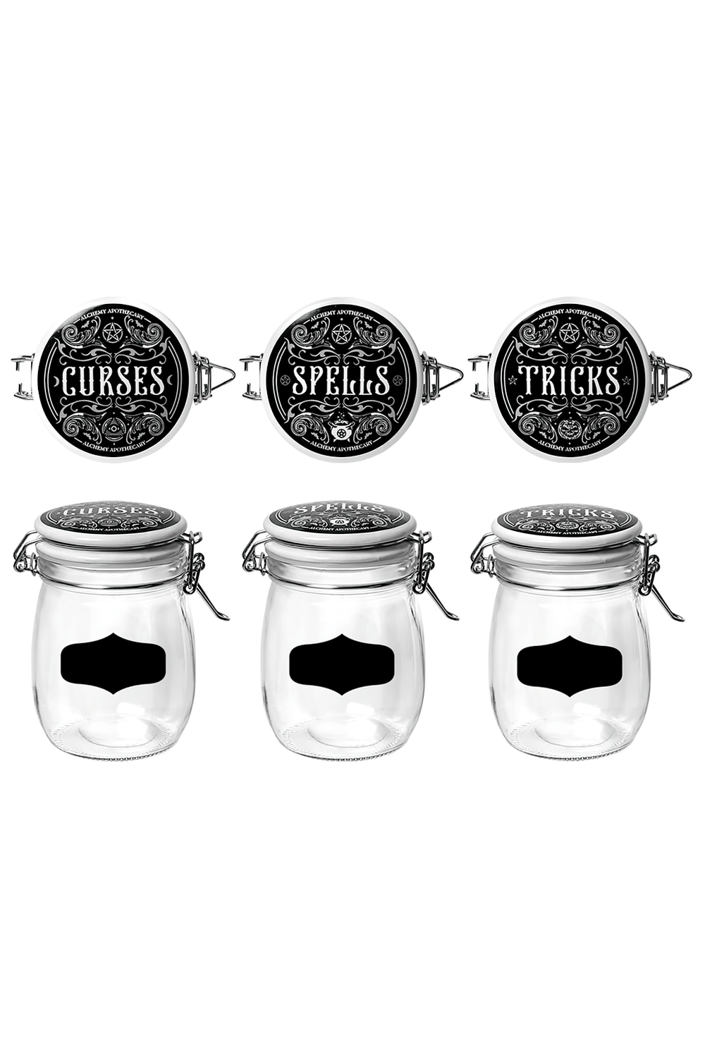 Gothic glass jars set labeled 'Curses', 'Spells', and 'Tricks' with customizable writable labels for enchanting storage.