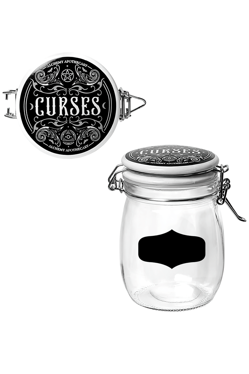Curses gothic glass jar with black ceramic lid and writable label for storage of herbs or potions.