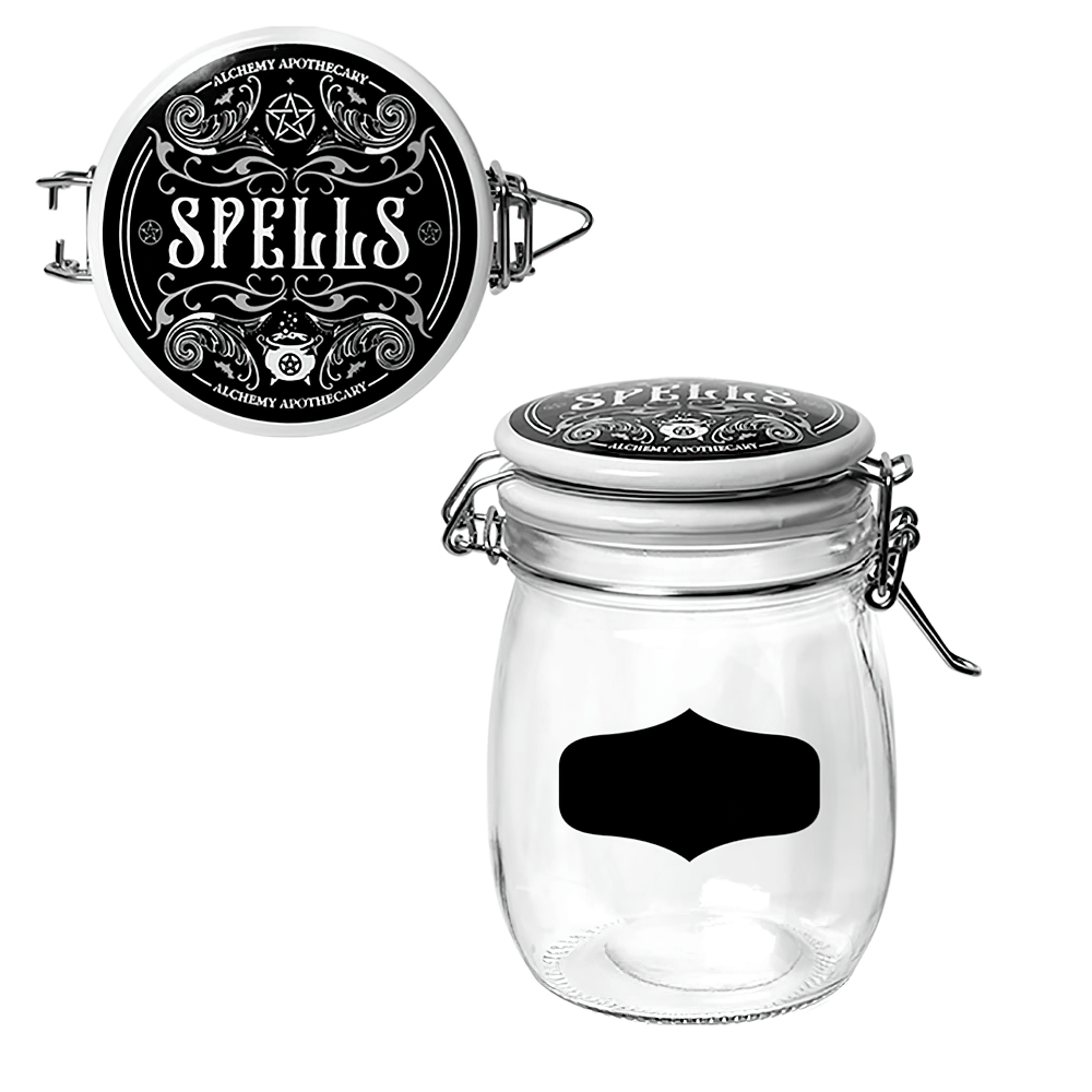 Gothic glass jar labeled 'Spells' with removable lid and writable label for storing potions and herbs.