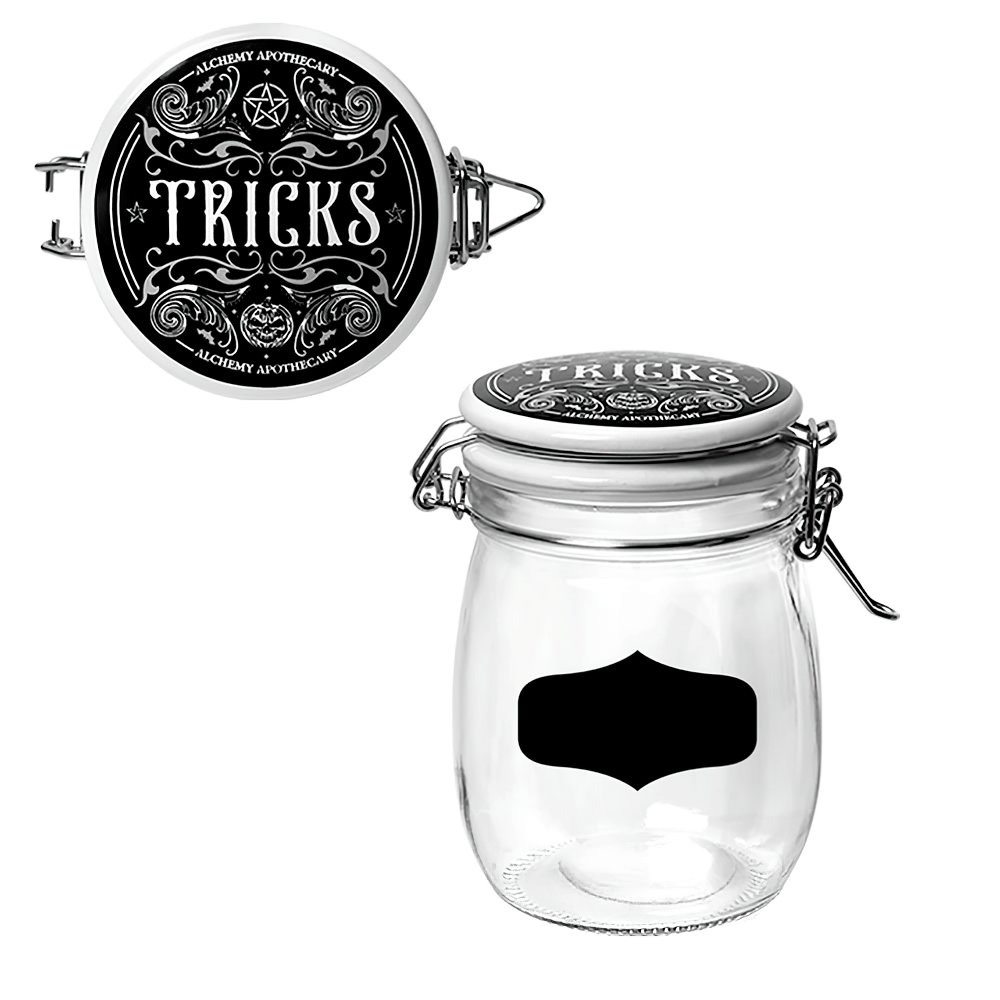Gothic glass jar labeled 'Tricks' with a ceramic lid, perfect for potions and herbs in a stylish apothecary design.