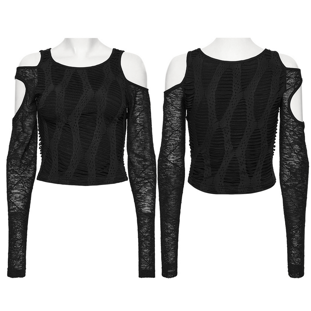 Cut Out Knit Top with Hollow Sleeved Design for Women showcasing unique fabric splicing and bold cut-out details.