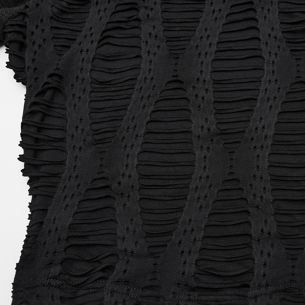 Cut Out Knit Top with Hollow Sleeved Design for Women showcasing unique irregular hollow-out splicing in black fabric.