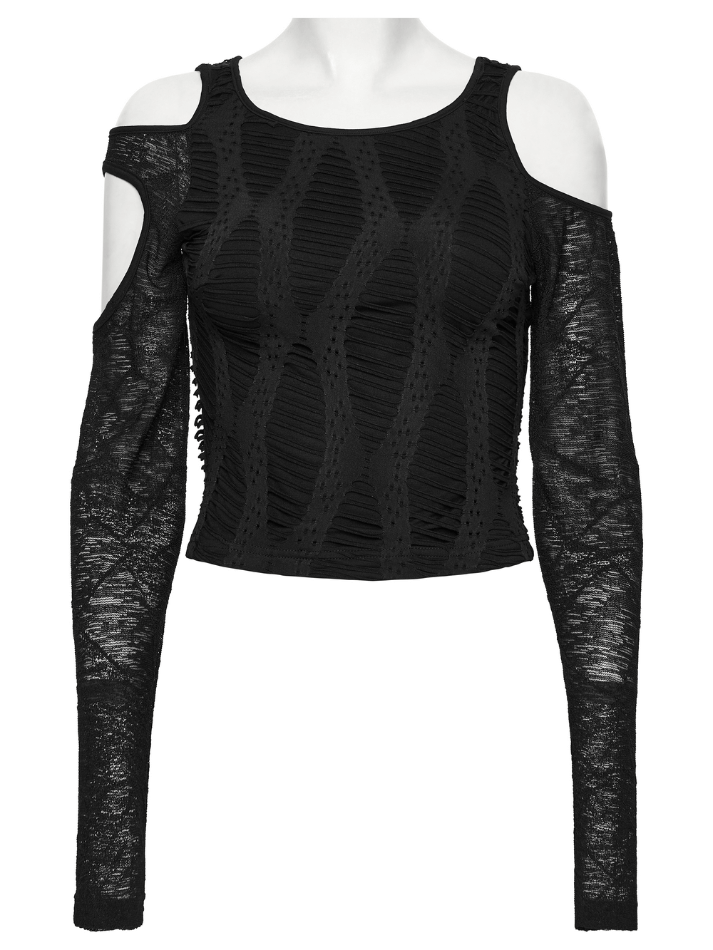 Cut Out Knit Top with Hollow Sleeved Design for Women featuring unique hollow-out splicing and fitted silhouette.