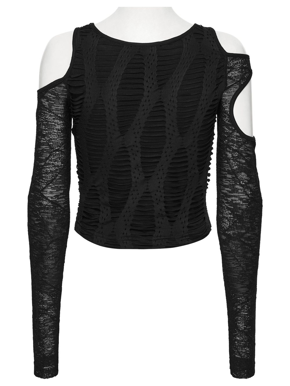 Cut Out Knit Top with Hollow Sleeved Design for Women featuring irregular hollow-out cutouts and long lace-inspired sleeves.