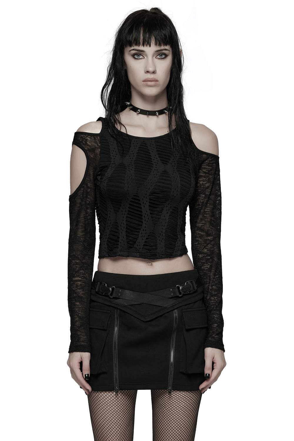 Cut Out Knit Top with Hollow Sleeved Design for Women modeled by a woman in edgy goth style with layered textures.
