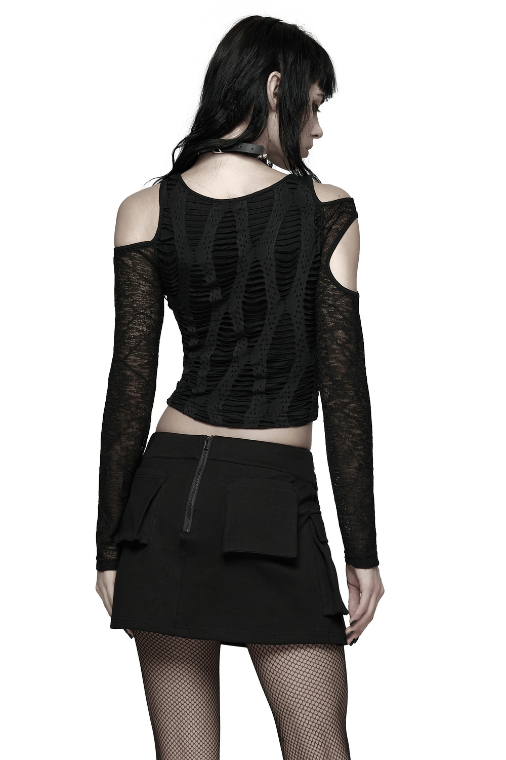 Cut Out Knit Top with Hollow Sleeved Design for Women, featuring a back view with long lace sleeves and bold cutouts.
