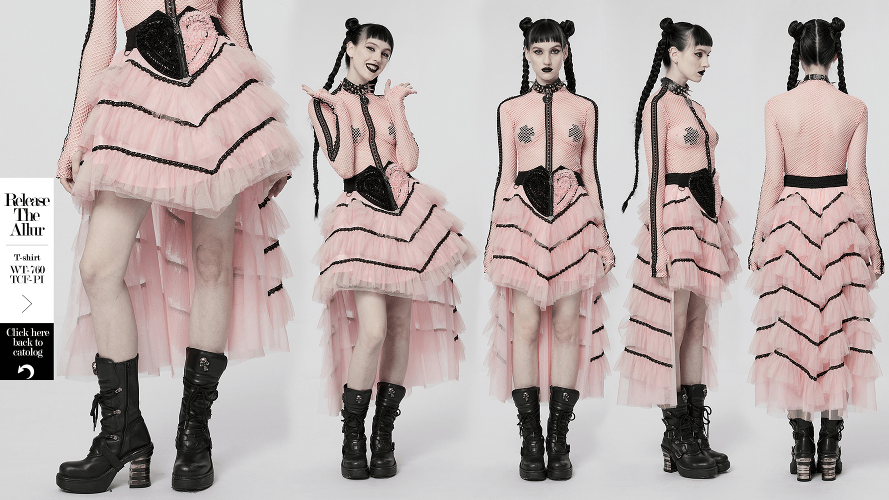 Cute pink ruffled mesh skirt with heart details, styled with bold black boots, perfect for punk fashion lovers.