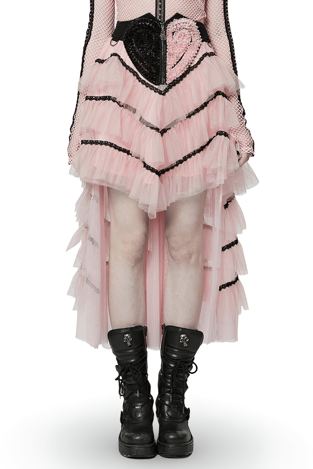 Cute punk girl skirt with pink ruffled tulle, black accents, and edgy skull details, paired with combat boots.