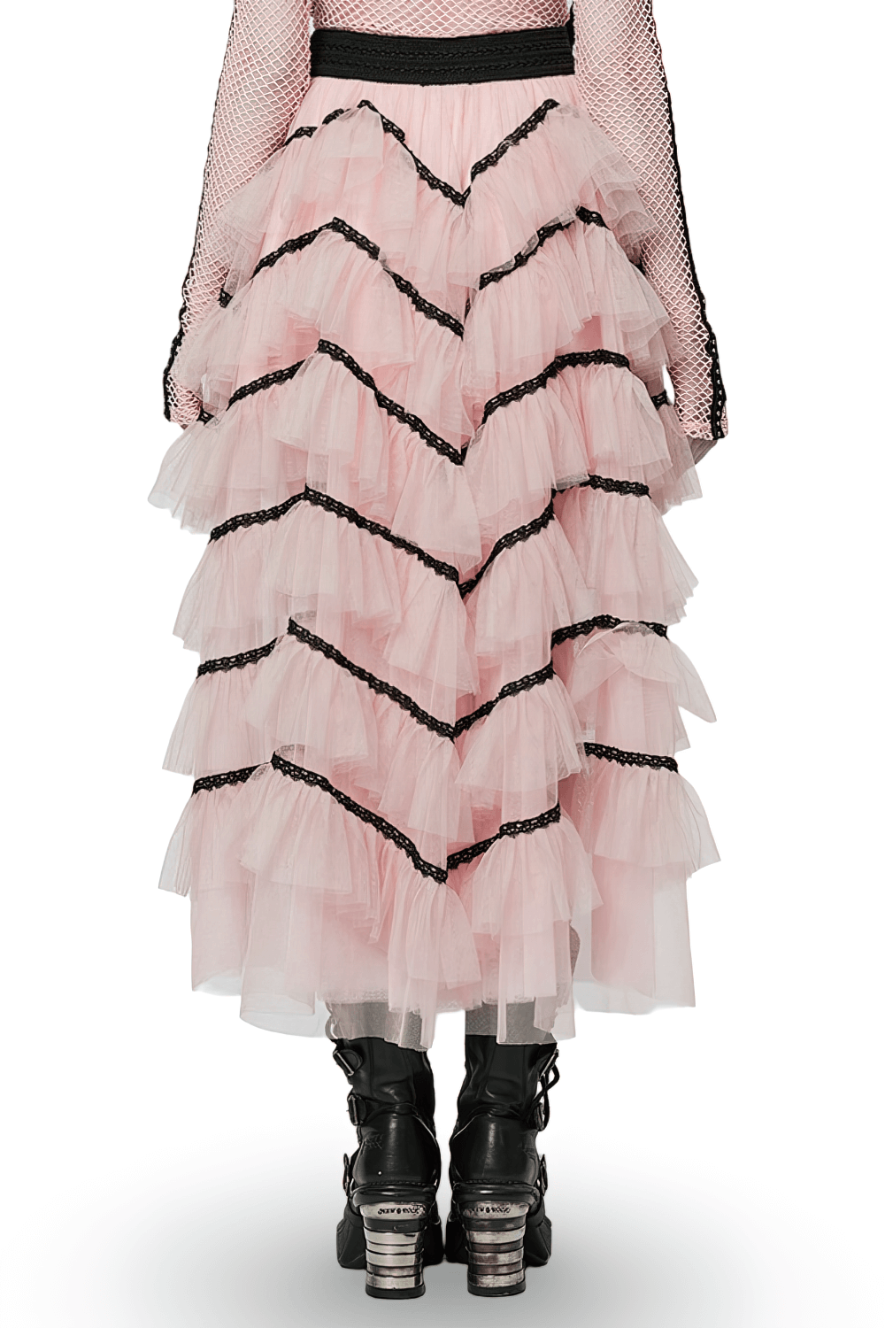 Pink ruffled mesh skirt with black trim, perfect for punk style, featuring layers of tulle and a bold fashion statement.