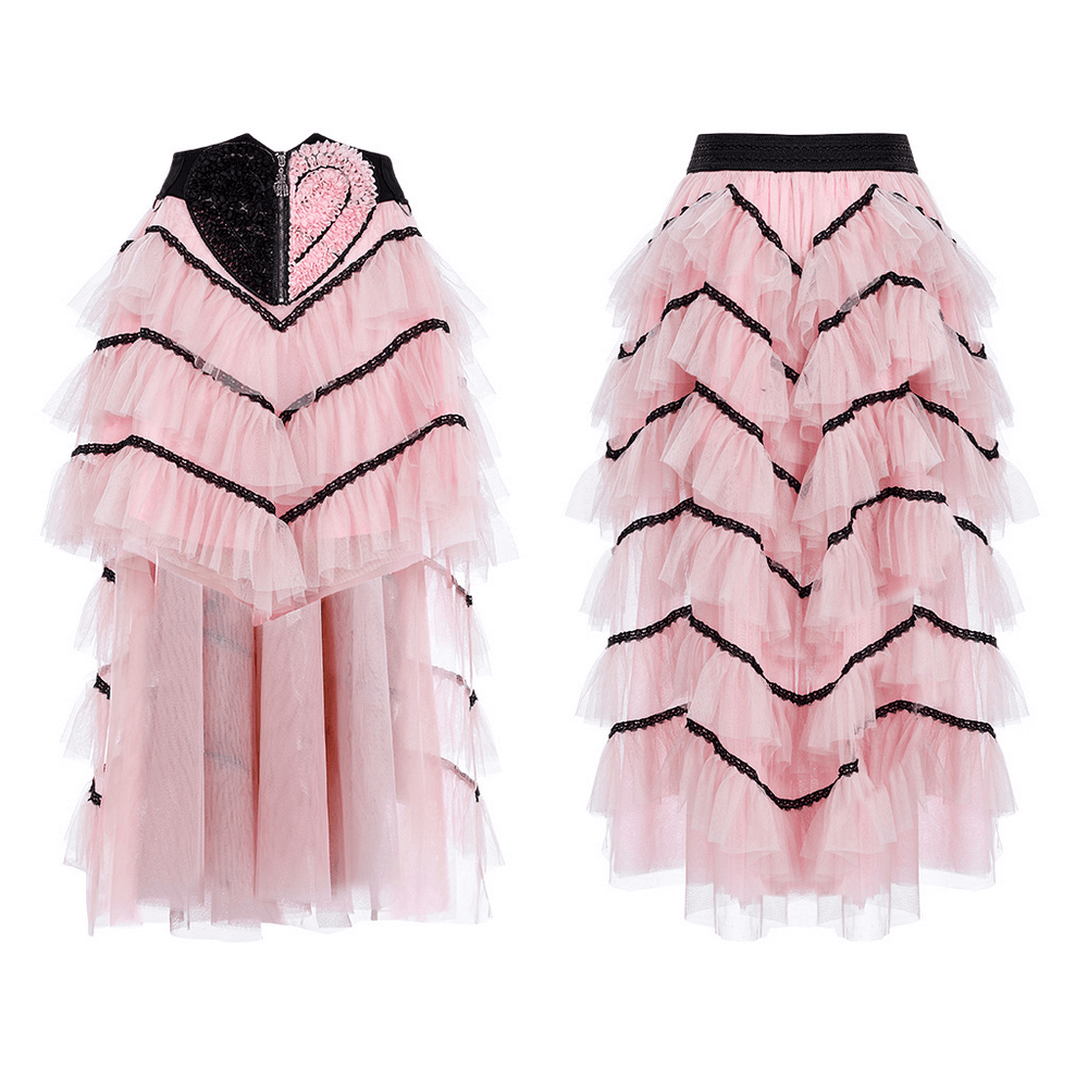 Pink ruffled mesh heart skirt with layers and a unique skeleton hand zipper closure, perfect for punk fashion lovers.