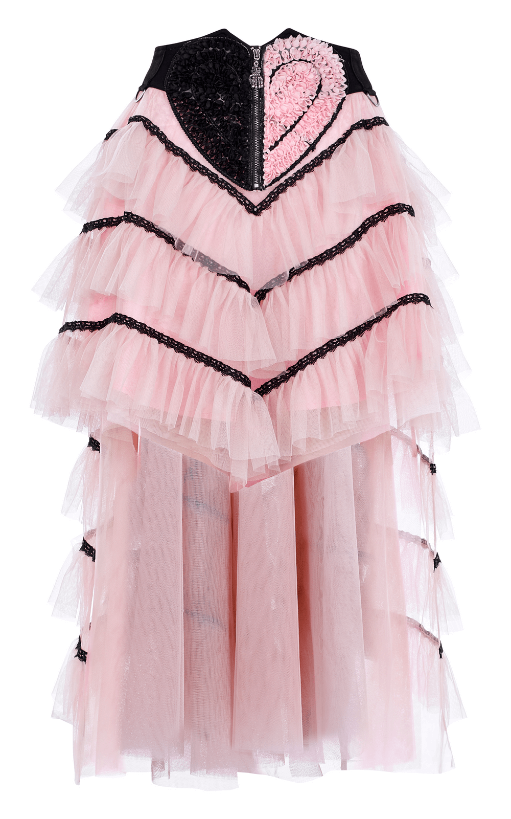 Cute pink ruffled mesh heart skirt with black accents and skeleton hand zipper, perfect for punk princesses.