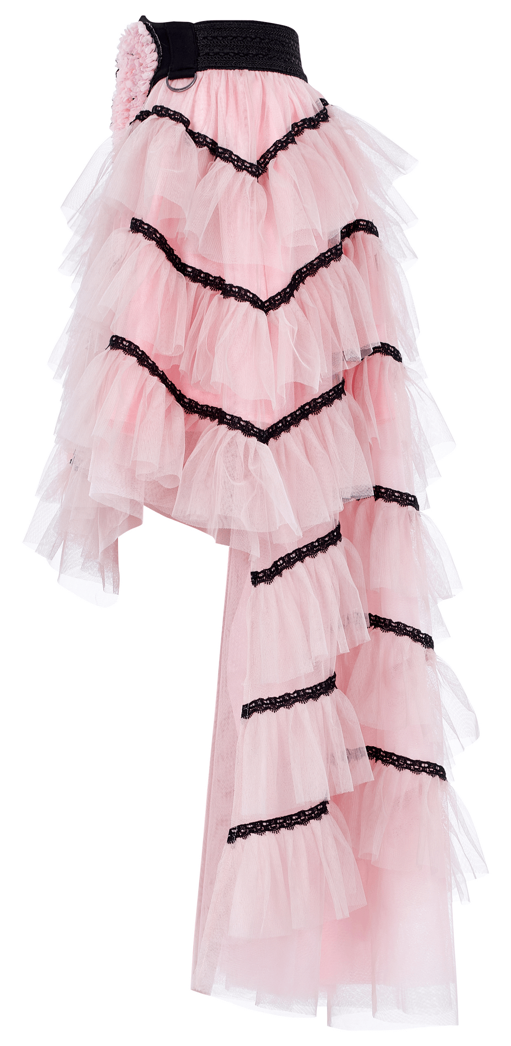 Cute punk pink ruffled mesh skirt with black lace accents, perfect for adding edgy flair to any outfit.