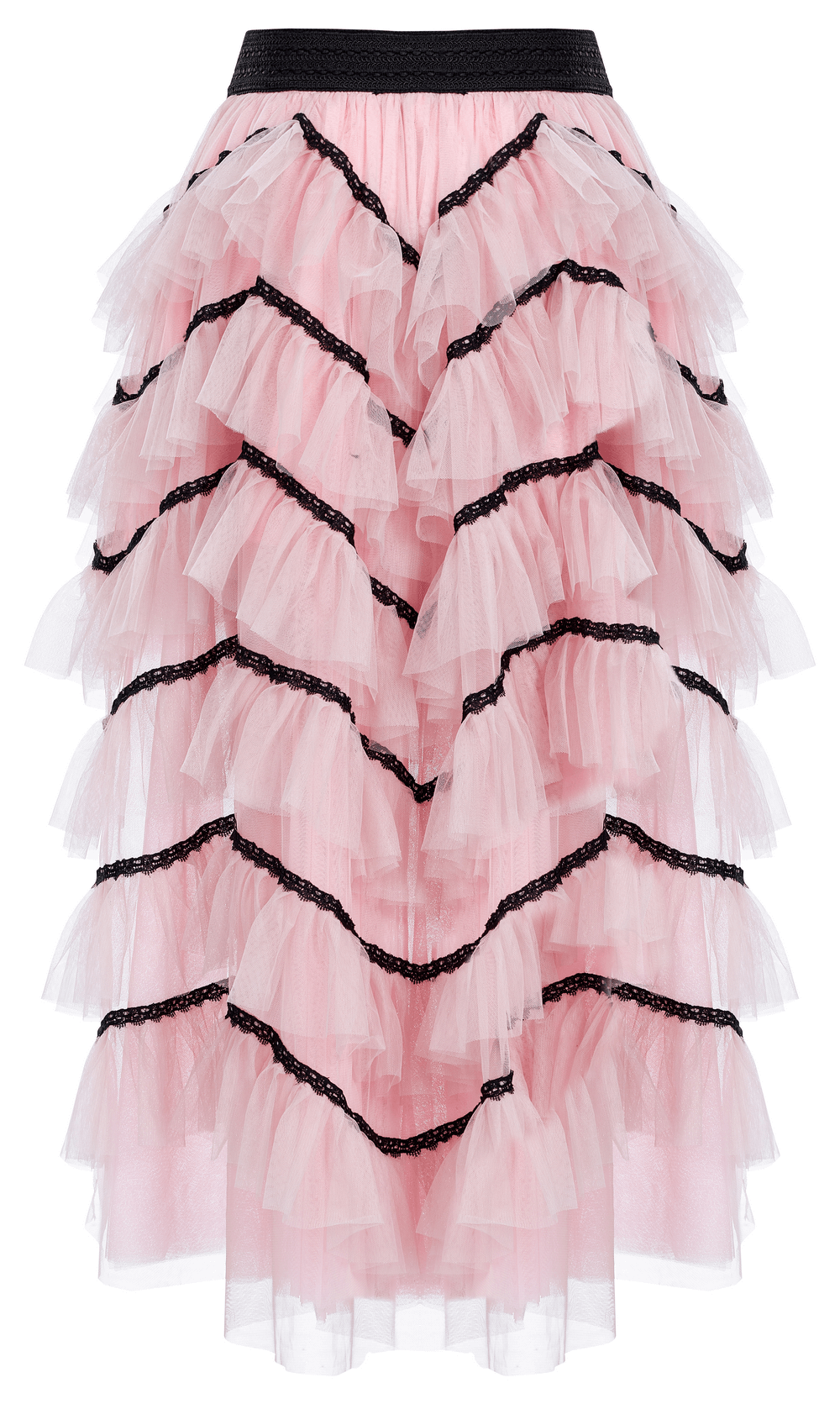 Cute pink ruffled mesh skirt with black accents, perfect for punk princess vibes.