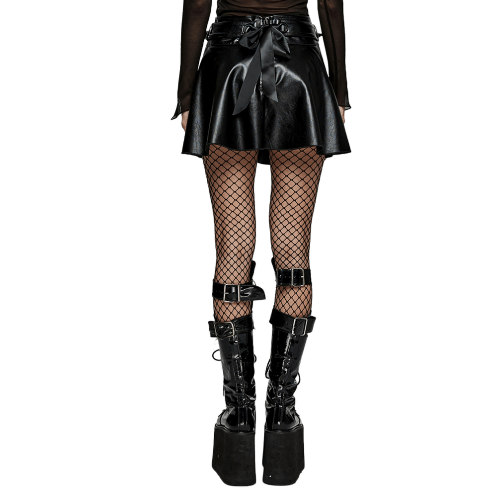 Cute Devilish Spiked Faux Leather Mini Skirt with Detachable Bow - HARD'N'HEAVY