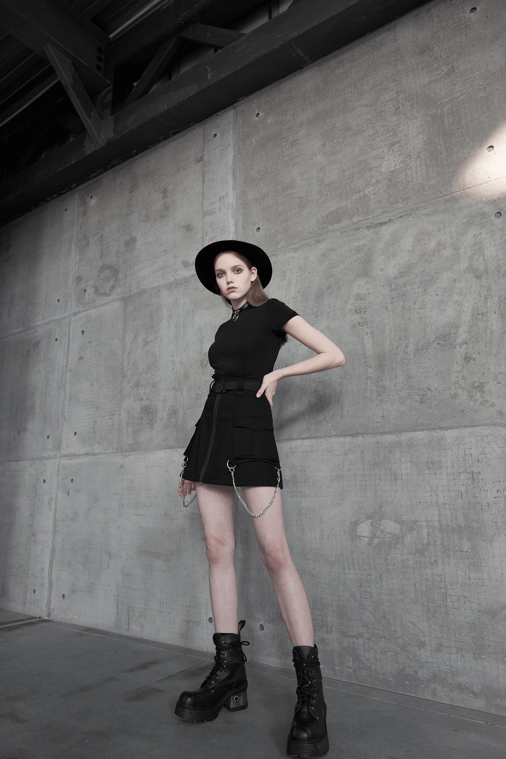 Model wearing Cyber Cat A-line denim skirt with chains and belt, showcasing a trendy, customizable cyberpunk style.