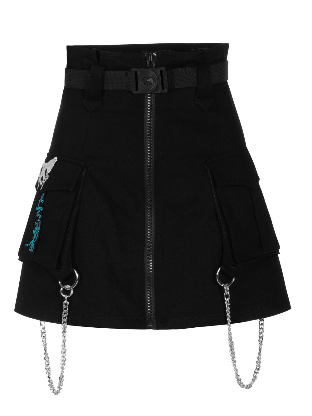 Cyber Cat A-line denim skirt features chains, removable belt, and bold embroidery for a unique cyberpunk style.
