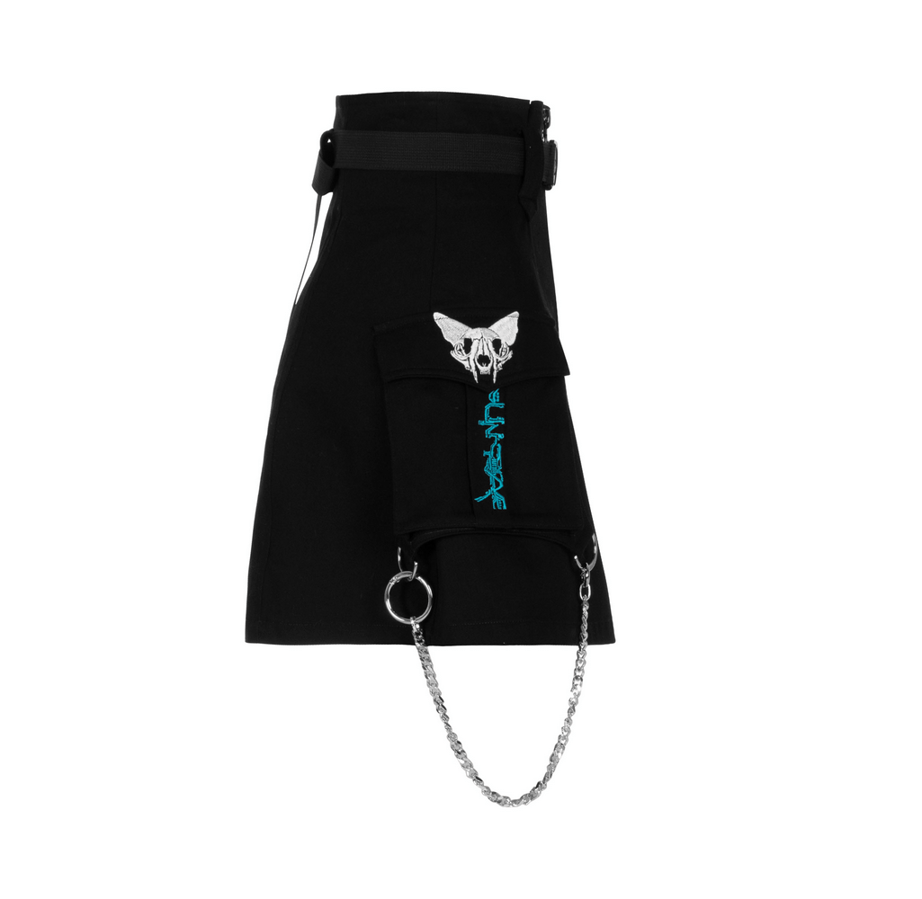 Cyber Cat A-line denim skirt with removable chains, detachable belt, and bold CyberCAT embroidery for a unique style.