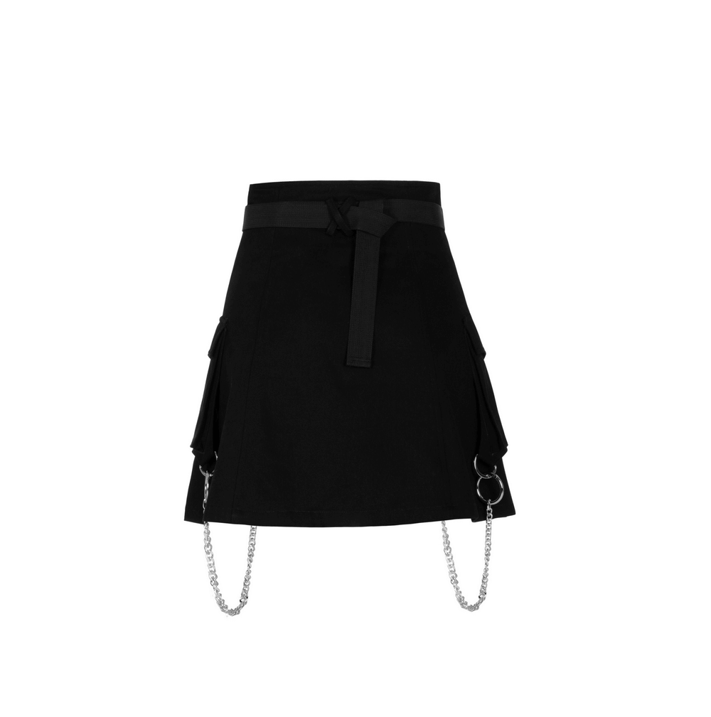 Cyber Cat A-line denim skirt in black with chains and detachable belt for a customizable cyberpunk look.