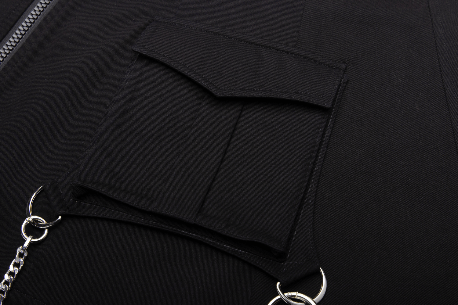 Close-up of a black twill denim pocket with chain accents on a Cyber Cat A-line skirt.