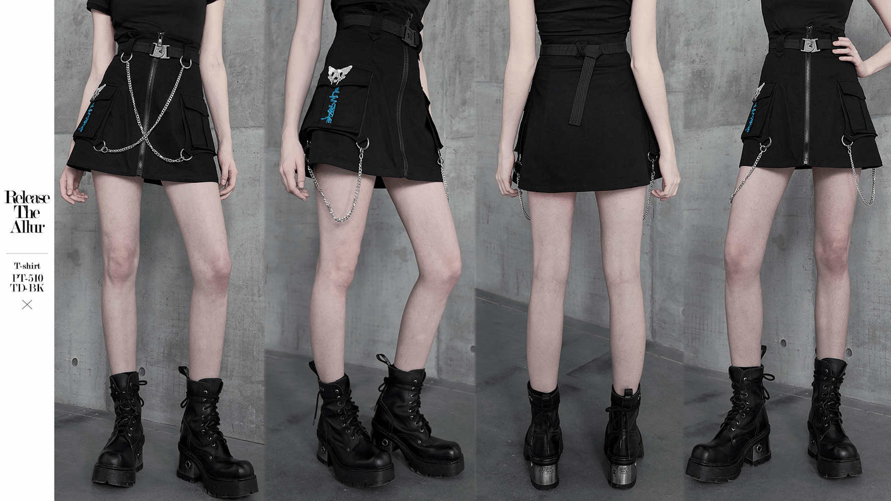 Cyber Cat A-line denim skirt featuring chains and belt, styled with edgy boots for a futuristic look.