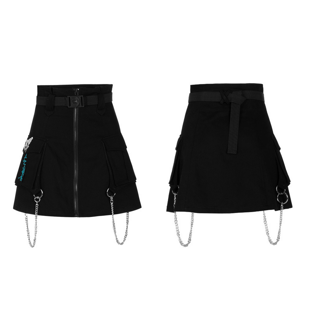 Cyber Cat A-line denim skirt featuring chains and belt, customizable cyberpunk style with bold embroidery.