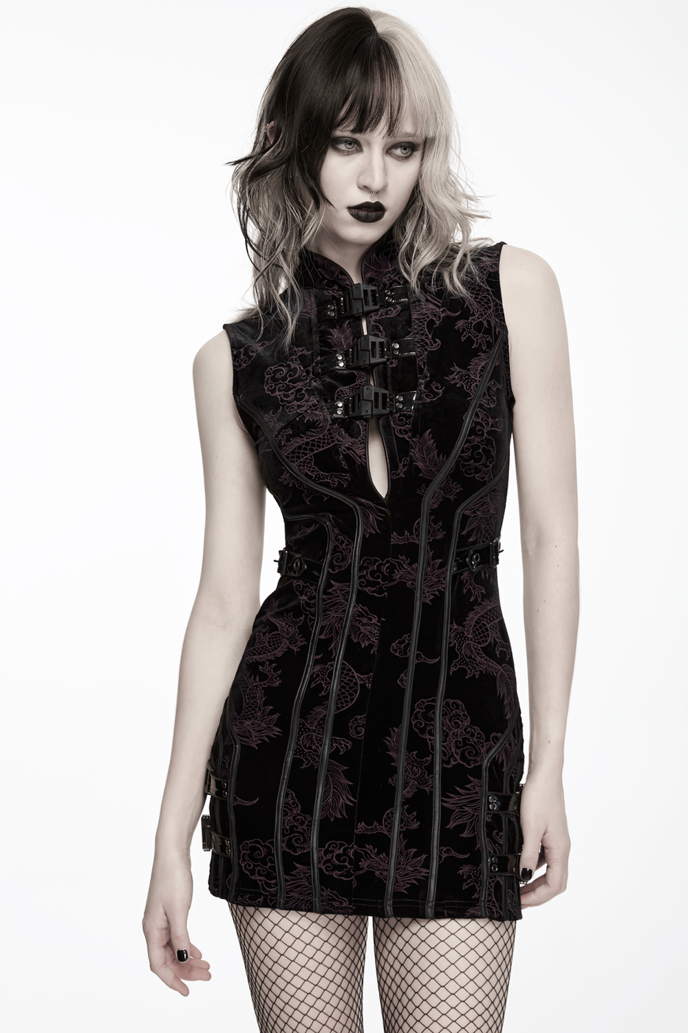 Cyber Chinese Dragon Mini Dress with Buckle Details featuring an alluring design and bold style.