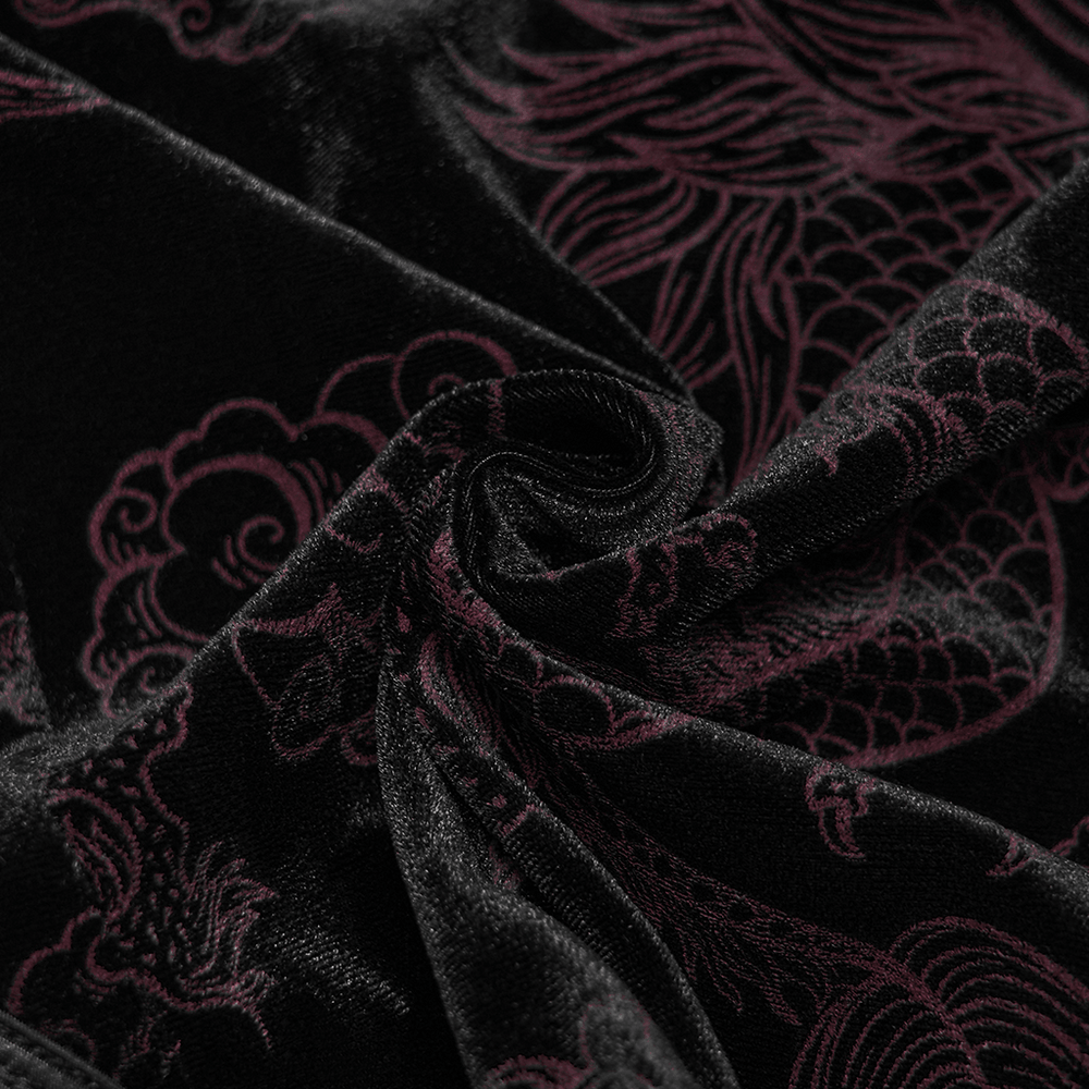 Close-up of fabric featuring a Cyber Chinese Dragon Mini Dress with Buckle Details in black and red design.