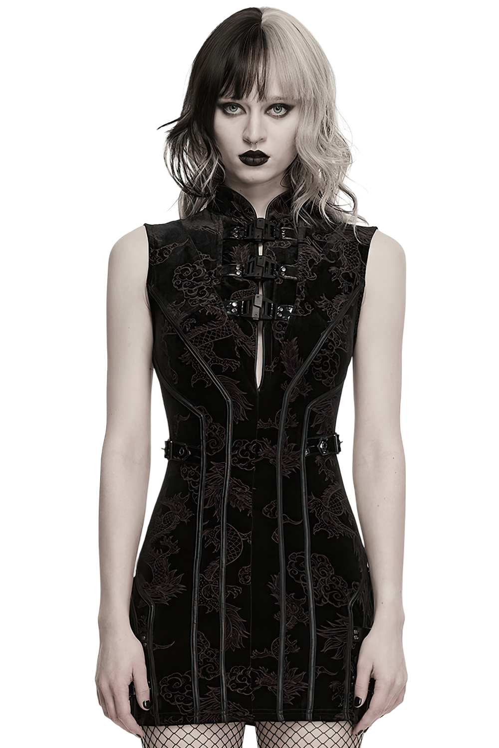 Cyber Chinese Dragon Mini Dress with Buckle Details displayed on a model with striking makeup and bold hair.