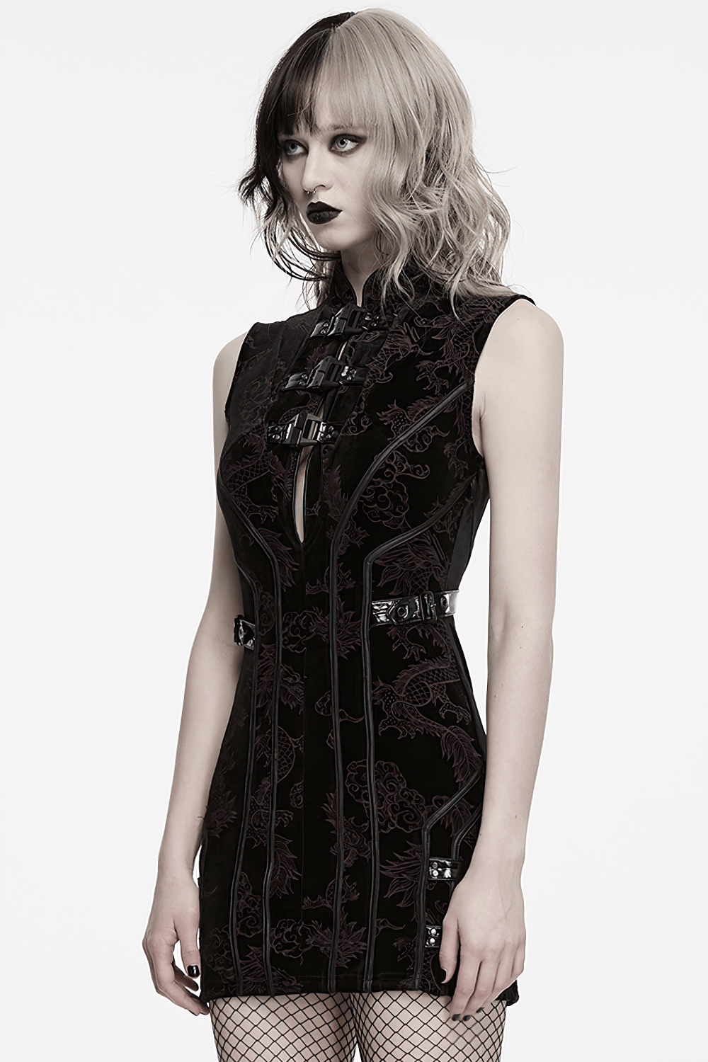 Cyber Chinese Dragon Mini Dress with Buckle Details showcased by a model in a striking pose.