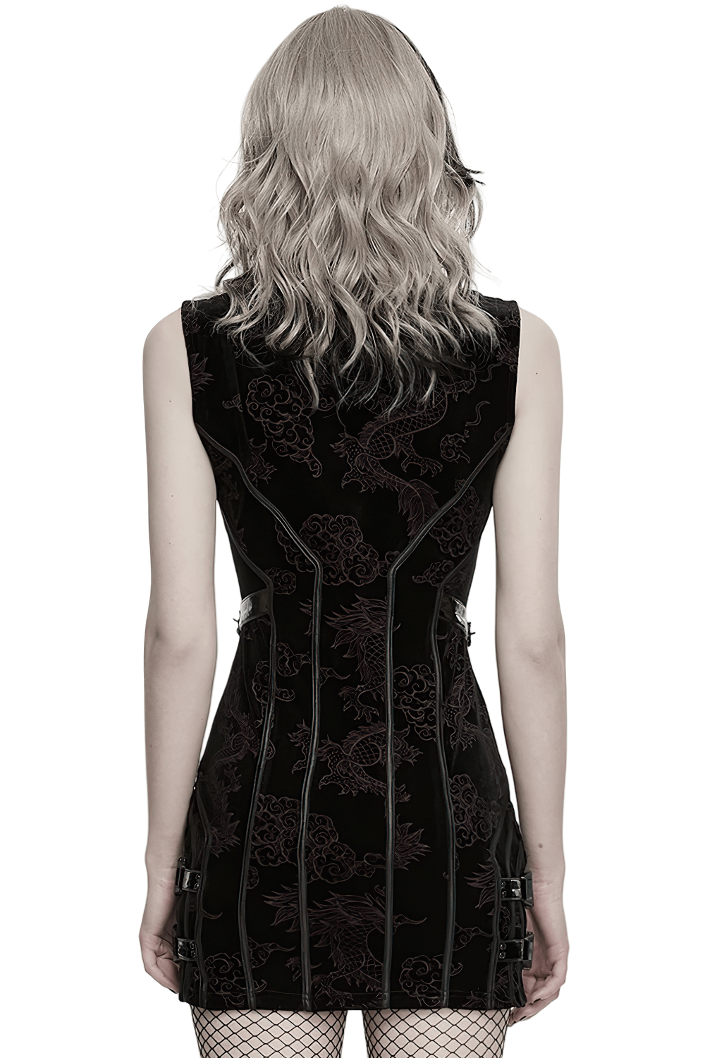 Back view of the Cyber Chinese Dragon Mini Dress with Buckle Details showcasing intricate design and stylish fit.
