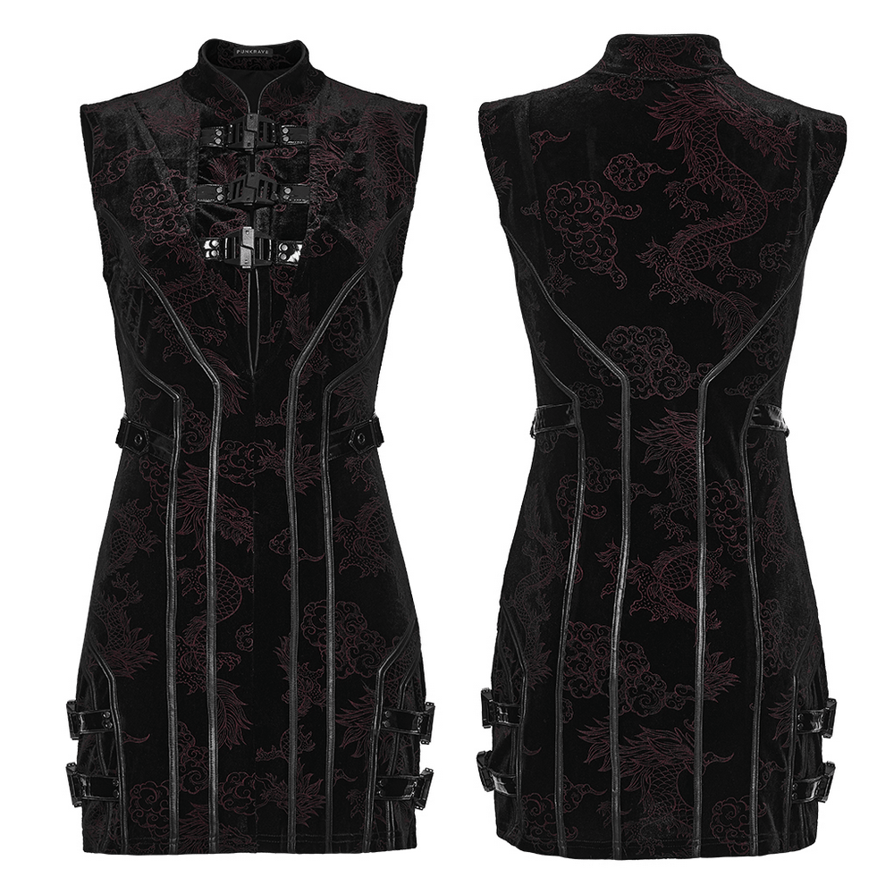 Cyber Chinese Dragon Mini Dress with Buckle Details in Black-Red featuring stunning dragon print.