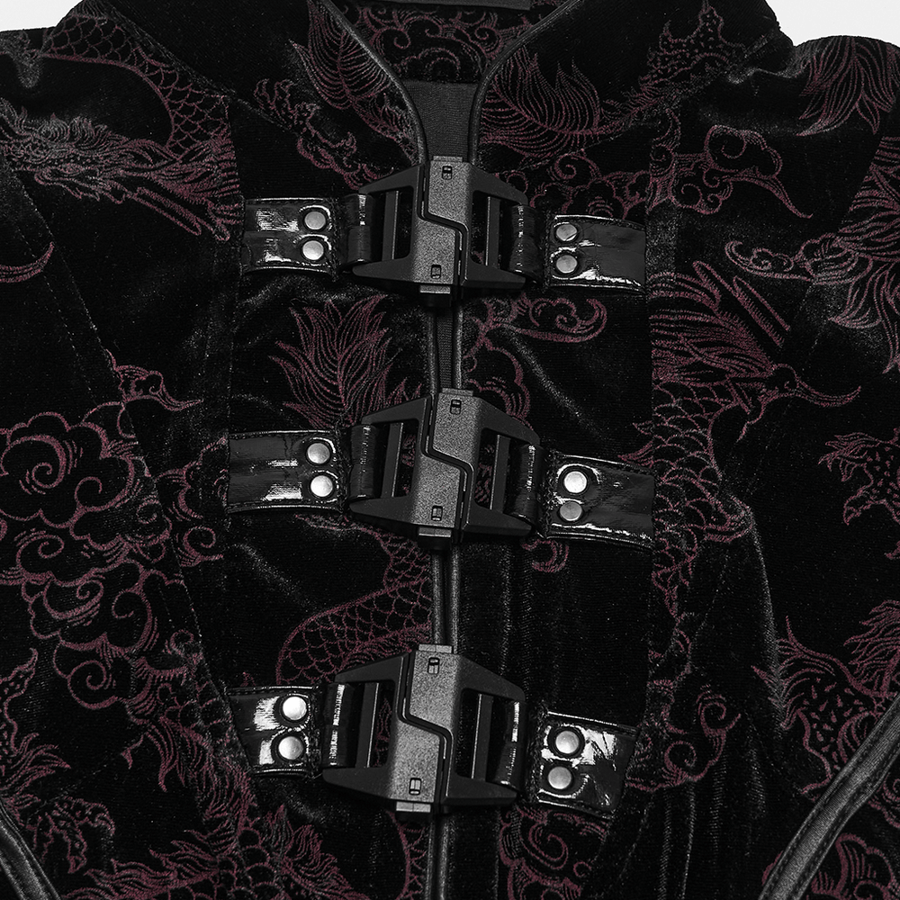 Close-up of the Cyber Chinese Dragon Mini Dress with Buckle Details showcasing intricate patterns and stylish buckles.