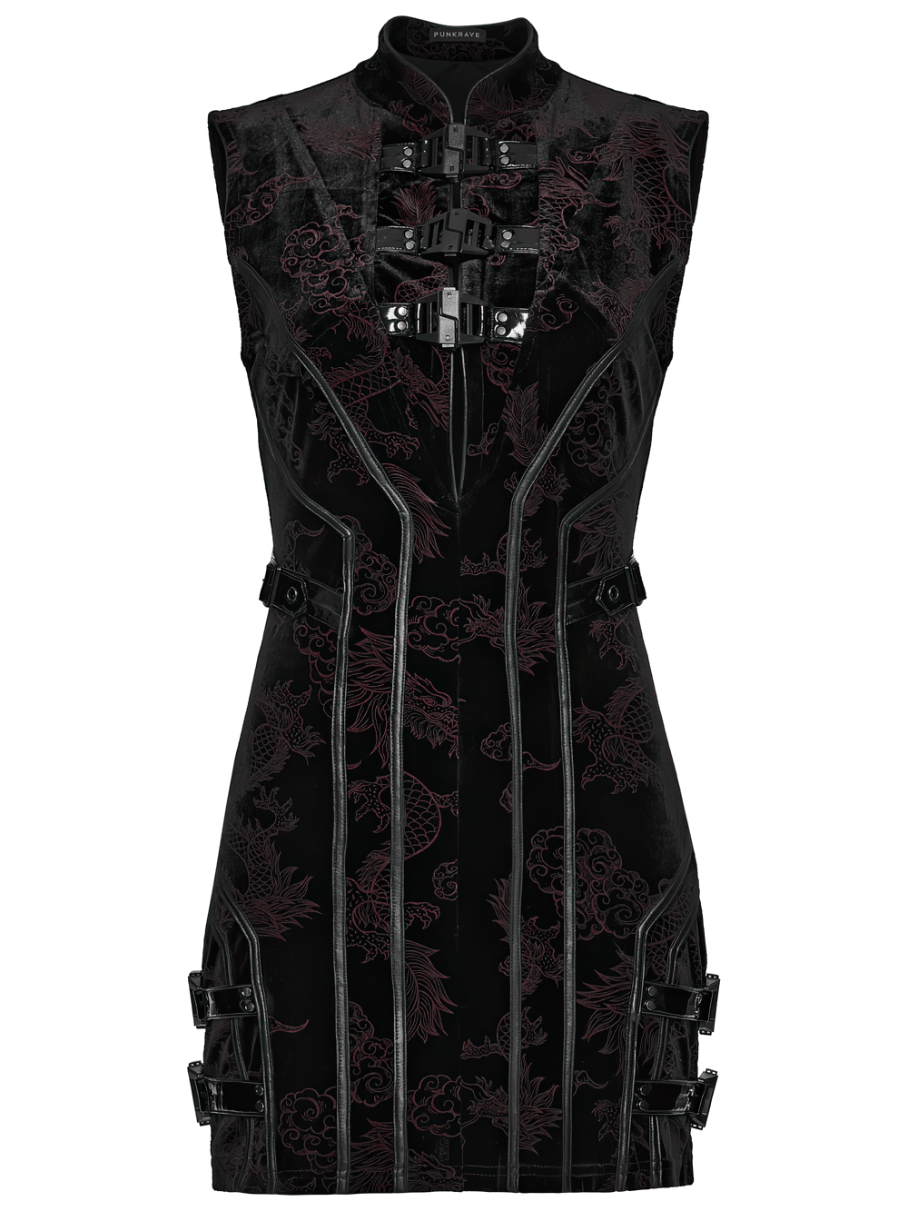 Cyber Chinese Dragon Mini Dress with Buckle Details showcasing intricate design and unique buckle features.